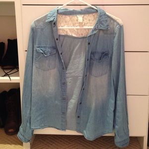 Denim chambray shirt with lace panel