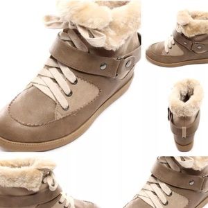 Wedge sneakers tan faux fur beige sneakers  boots
