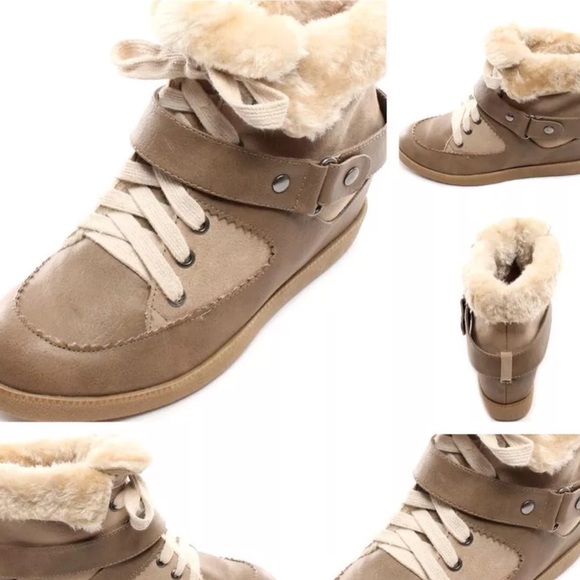Wedge sneakers tan faux fur beige sneakers  boots