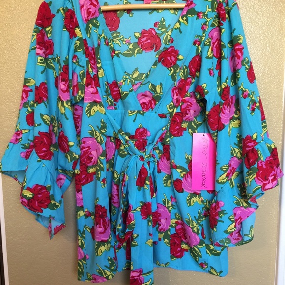 ✋🏻sold✋🏻  Betsy Johnson turquoise floral top - Picture 2 of 4