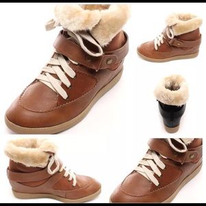 Wedge sneakers brown cognac fur sneakers boots
