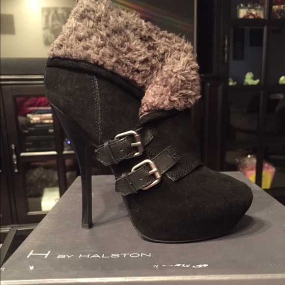 H by Halston Black Suede Bootie with Faux Fur