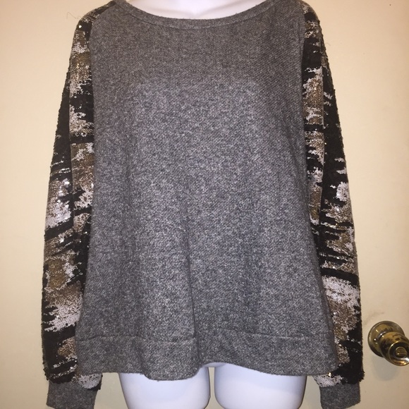 Sage Tops - Sage gray pullover top with sequins on sleeves