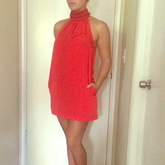 Zara Coral Shift Dress with Chain Neck and pockets