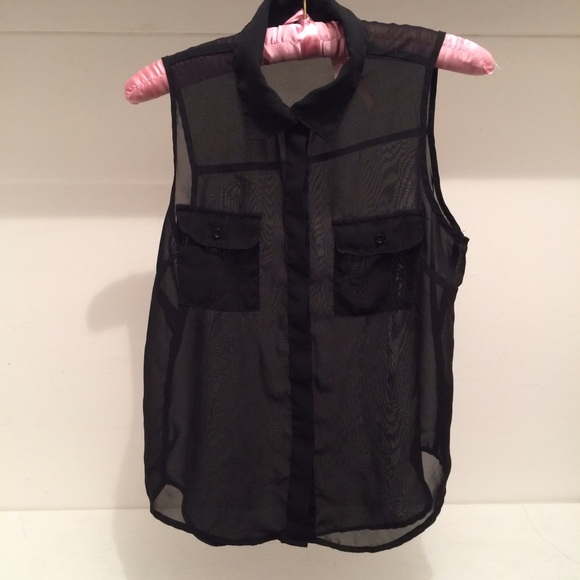 Sheer Black Sleeveless Collared Button Up