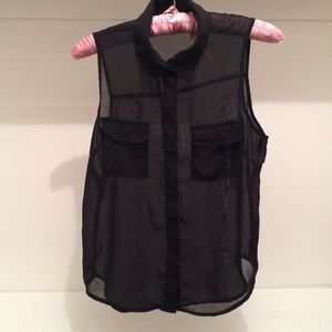 Sheer Black Sleeveless Collared Button Up
