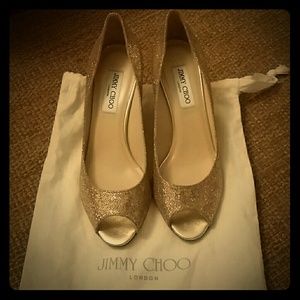 Jimmy Choo Isabel Glitter Gold Open Toe Pumps