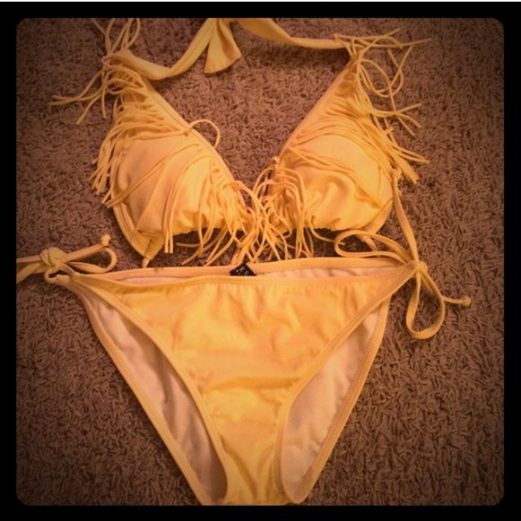 Large yellow fringe bikini top halter swim suit