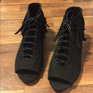 black fringe peep toe booties