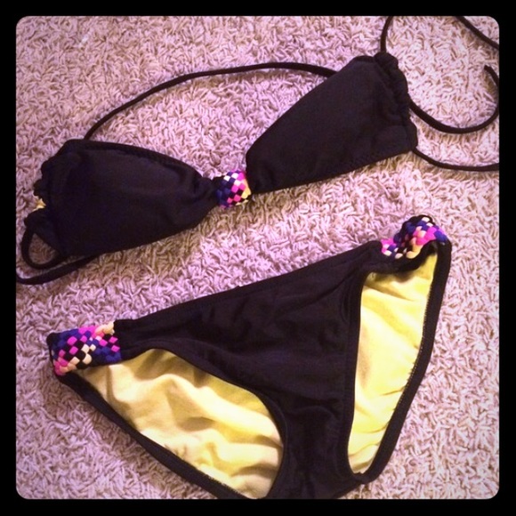 Yellow black bikini reversible small two piece top - Picture 1 of 1