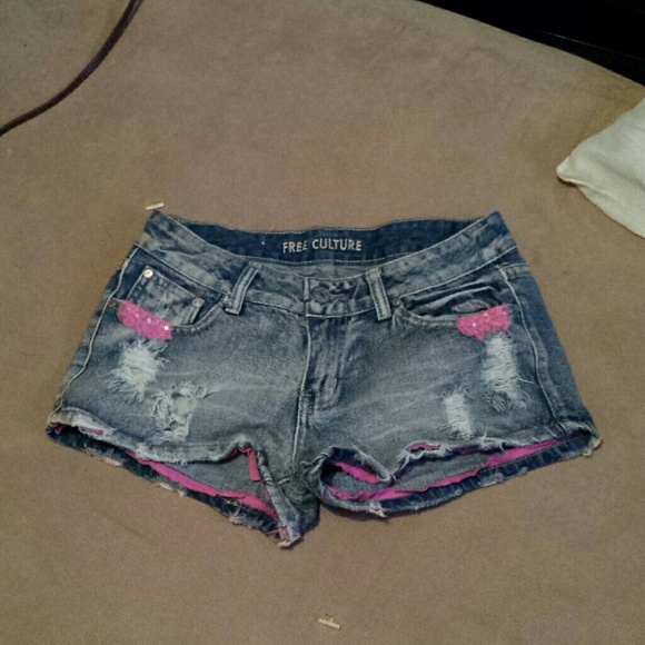 Free Culture Denim Shorts with Pink Sequin