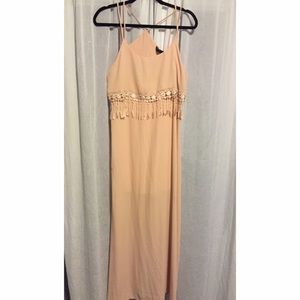 dusty peach maxi dress with fringe overlay