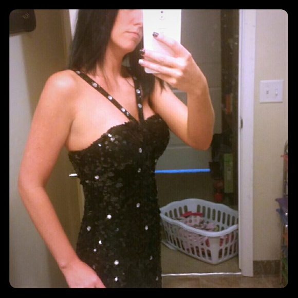 Cocktail dress black w/ sequence and diamond jewel - Picture 1 of 4