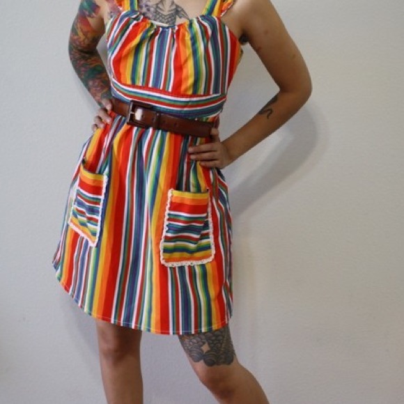 Vintage Rainbow Striped Apron Dress w Pockets