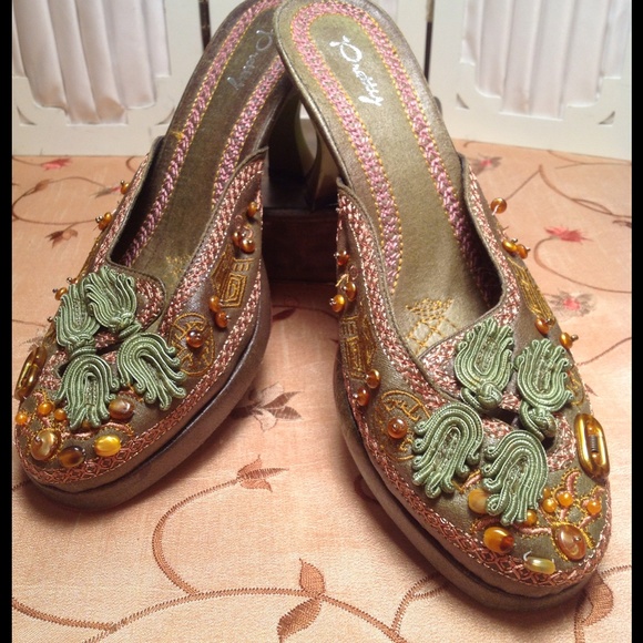Pretty green embroided and beaded mules.  VEGAN
