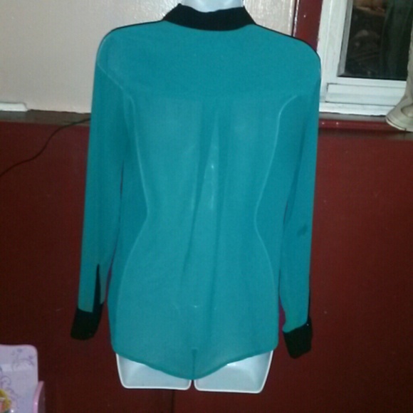 Teal & Black sheer button down blouse