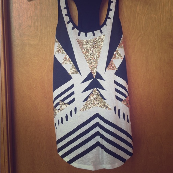 Express Tops - Express embellished black, white and gold tank top