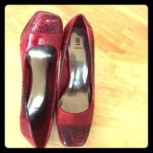 Red patchwork square toe heels