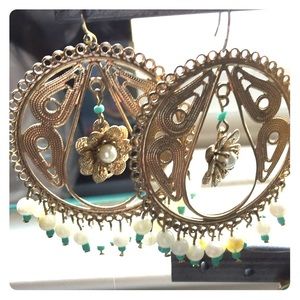 Elaborate gold & turquoise statement hoop earring