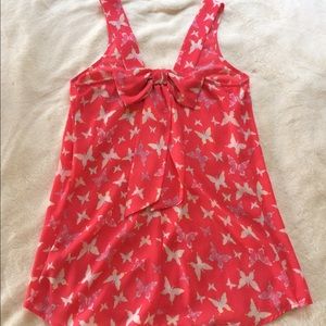 pink butterfly print flowy tank top with bow