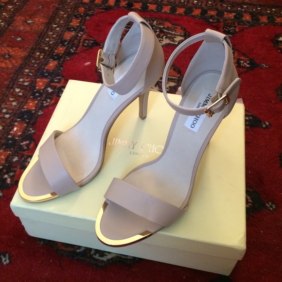 Jimmy Choo nude and gold strappy stilettos