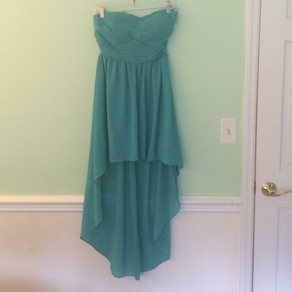 Green/blue high low strapless dress