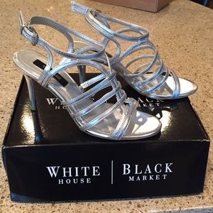 Silver Strappy Mid Heel Sandals, 3.25" heel