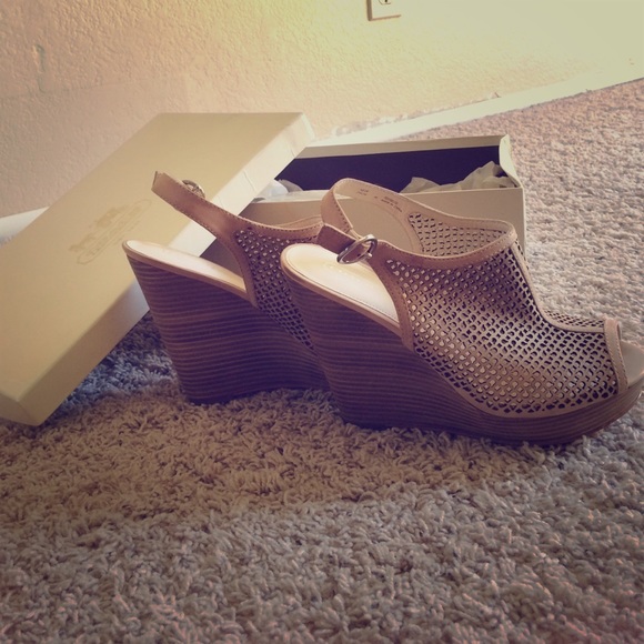 Beige Coach Peep Toe Wedges
