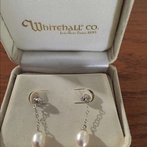 Diamond and genuine Pearl dangle earrings
