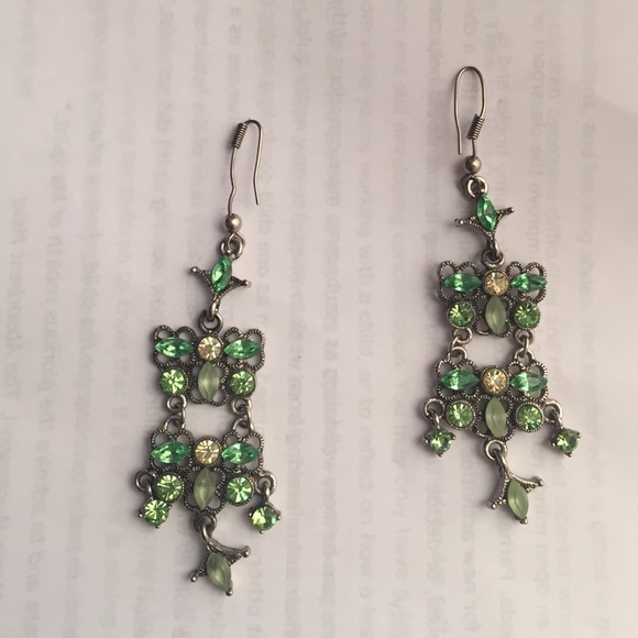Green stoned butterfly dangly earrings