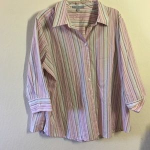 Women stripped pink blue and green flannel