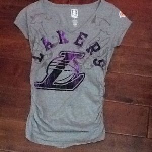 Gray and purple Lakers shirt