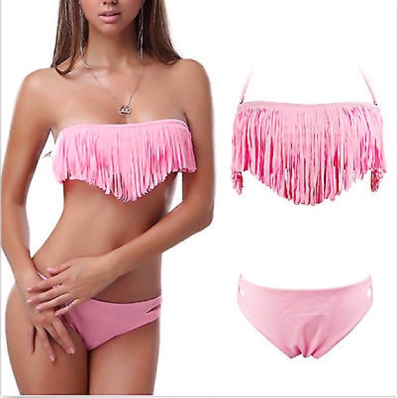 Light Pink Strapless Push-up Fringe Bikini S,M,L