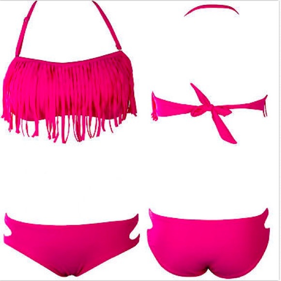 Hot Pink Strapless Fringe Push-up Bikini in S,M,L - Picture 2 of 2