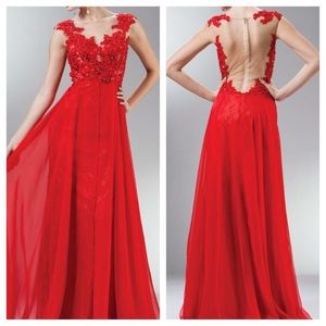 Red beaded lace mesh evening gown