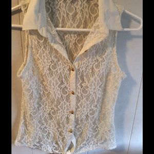 Cream color lace button down tank top with collar.