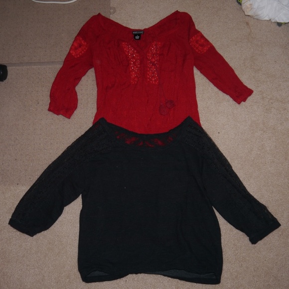 Red peasant top // black lace sleeved shirt