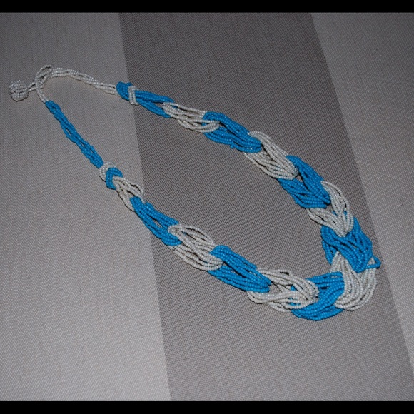Blue and white beaded statement necklace