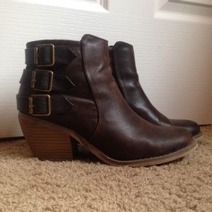 Cute brown booties with bronze buckles