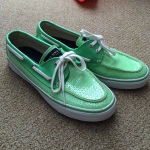 Green sequined Sperry Boat shoes