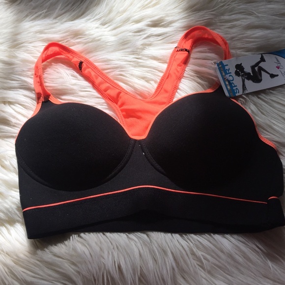NWT black and orange mesh sports bra