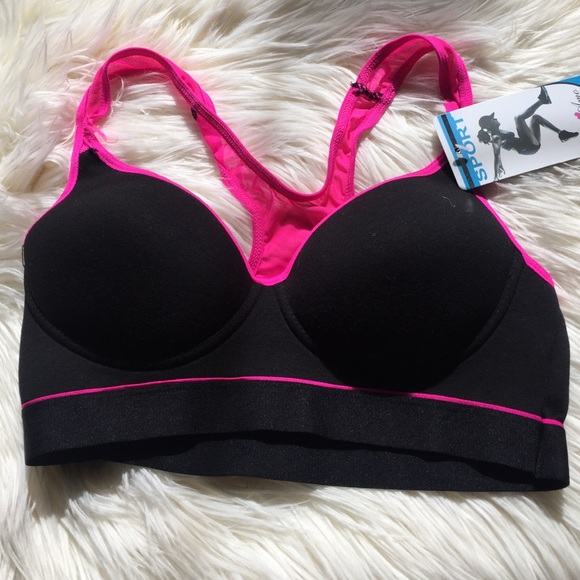 NWT black and hot pink mesh sports bra