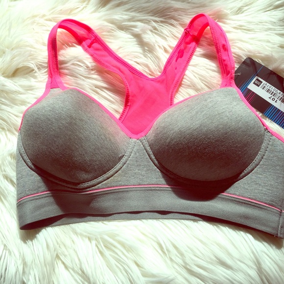 NWT gray and hot pink mesh sports bra