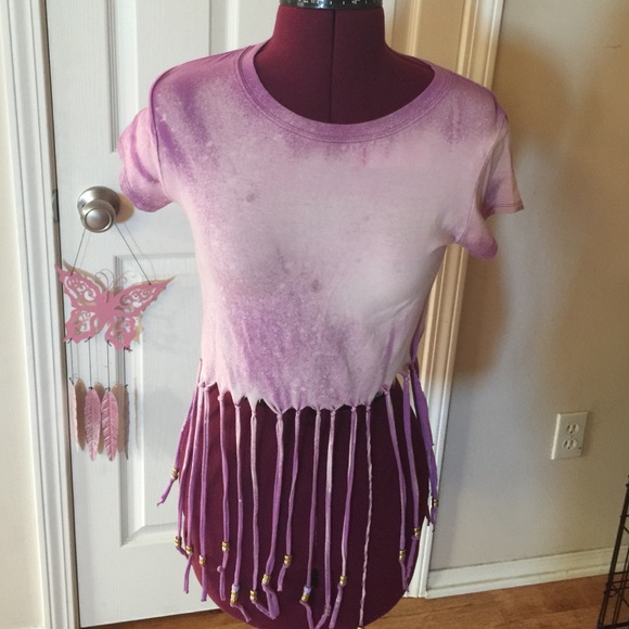 Distressed cotton beaded fringe shirt