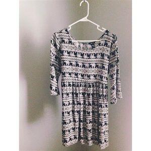 Black and White Elephant Print Bell Sleeve Dress