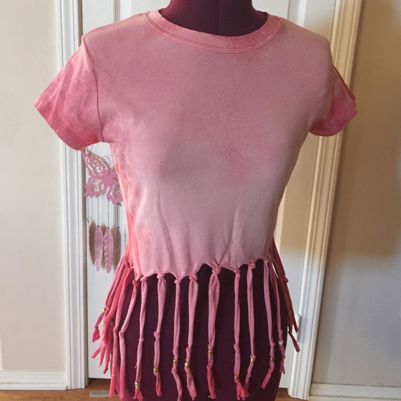 Distressed Coral Beaded Fringe Top