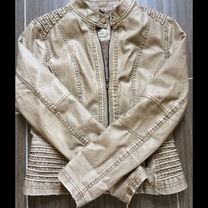 Tan faux leather moto jacket.