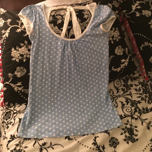 Blue and white polka dot top