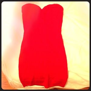 Red strapless dress