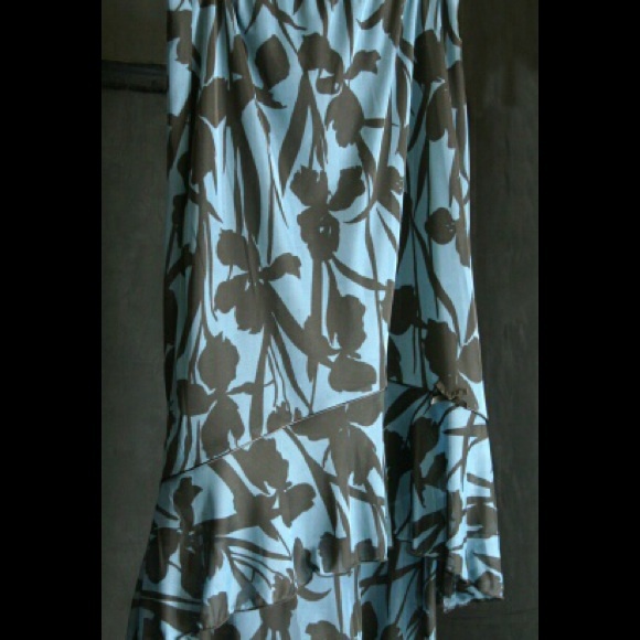 Blue and Black Floral Calf Length Skirt